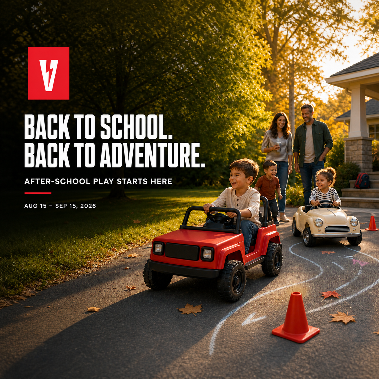 Family enjoying supervised after-school ride-on play for Voltz Toys Back to School, Back to Adventure |